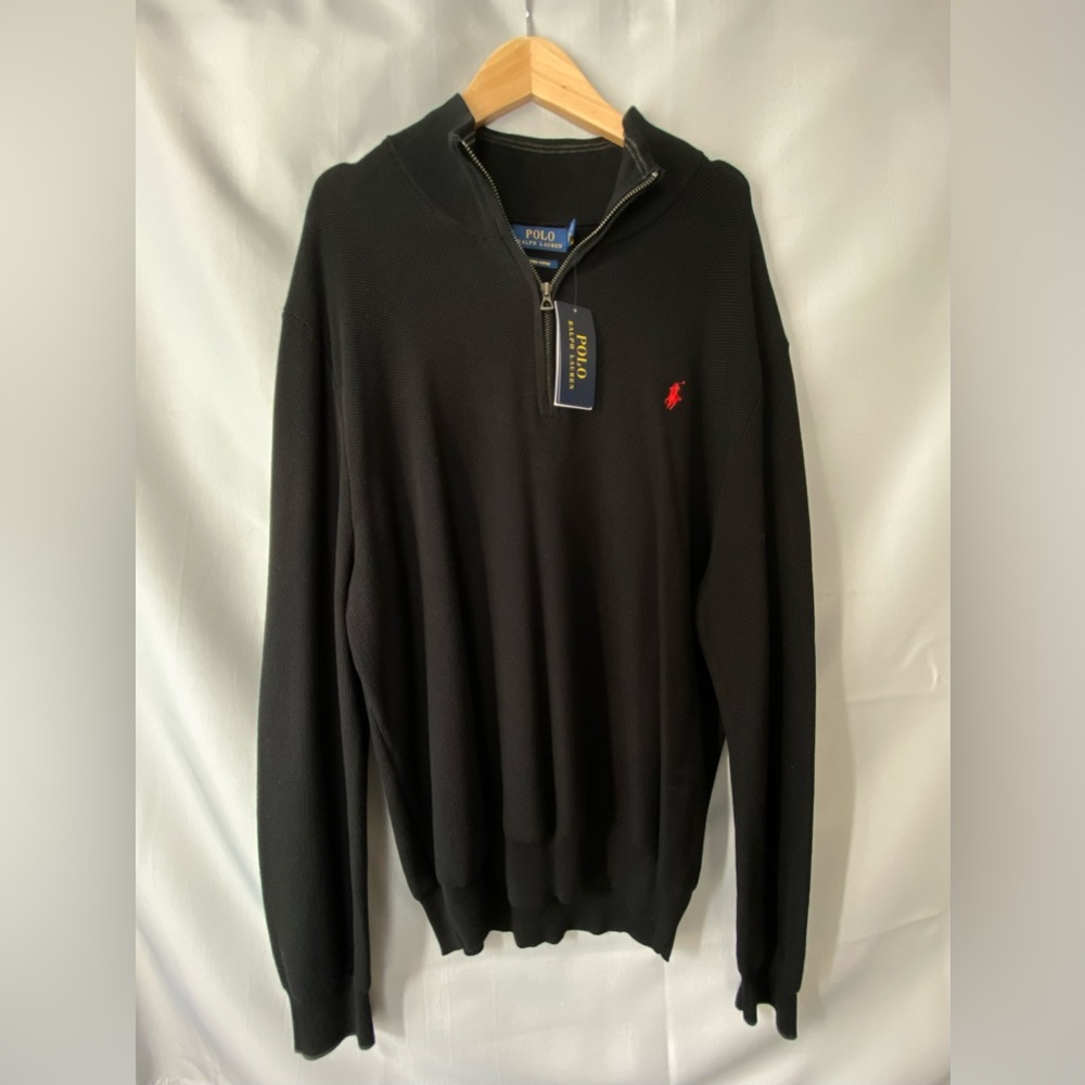 POLO RALPH LAUREN BLACK COTTON MESH QUARTER ZIP SWEATER